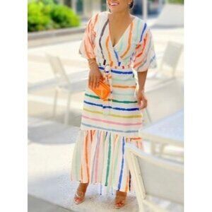 Striped Maxi Wrap Dress With V-Neck Short Sleeves Tie Waist & Ruffle Hem
